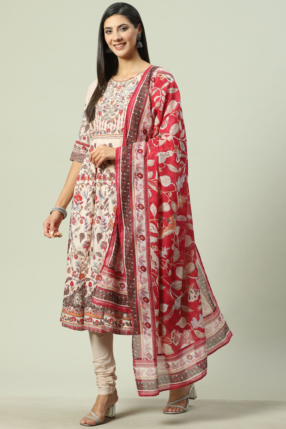 Beige Cotton Anarkali Kurta Churidar Suit Set