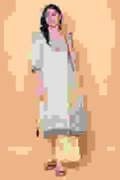 Beige Cotton Straight Kurta Palazzo Suit Set image number 6