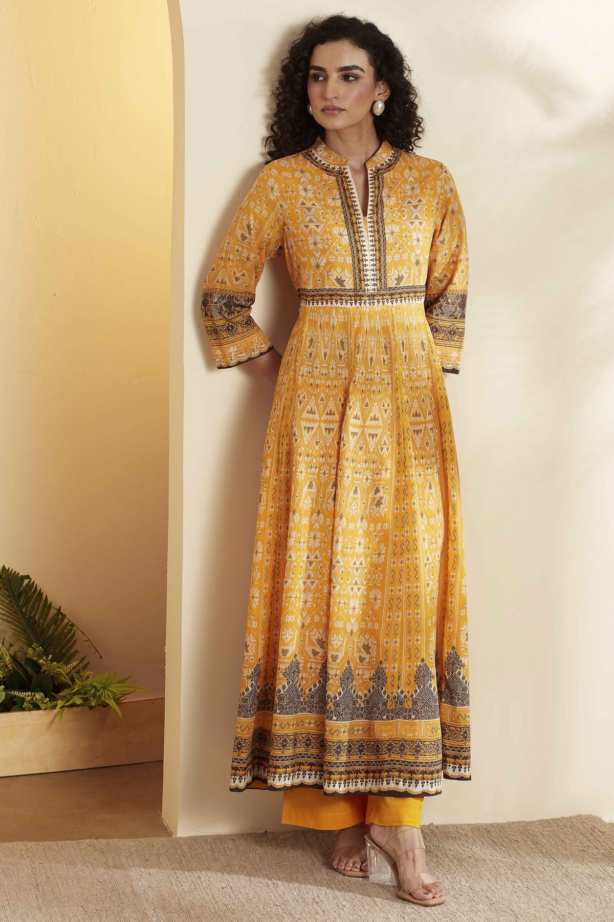 Yellow Cotton Anarkali Kurta Pants Set