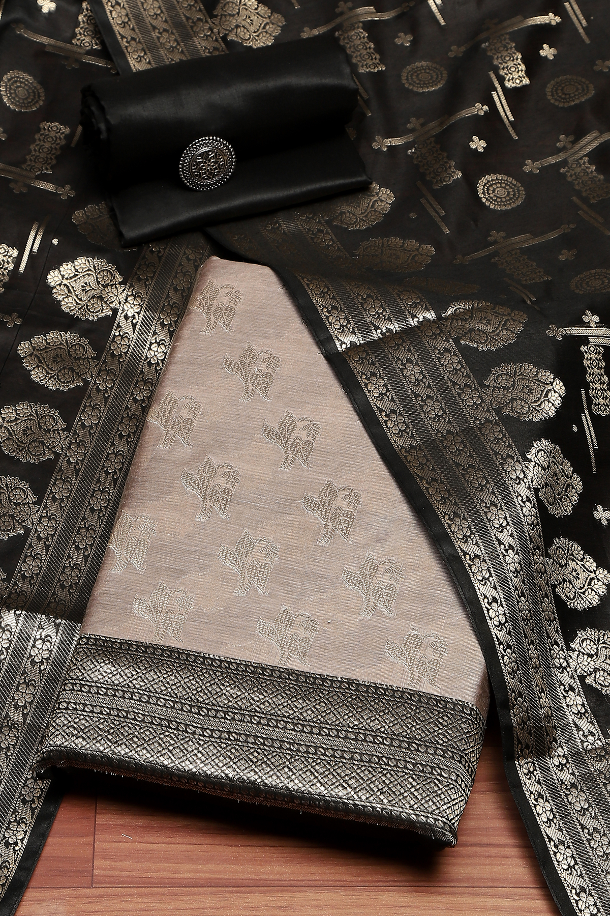 Grey Cotton Printed Embroidered Unstitched Suit Set