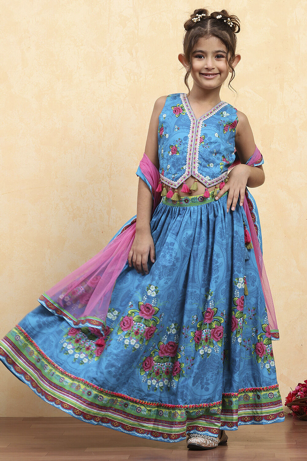 Blue Cotton Printed Straight Lehenga Set image number 6