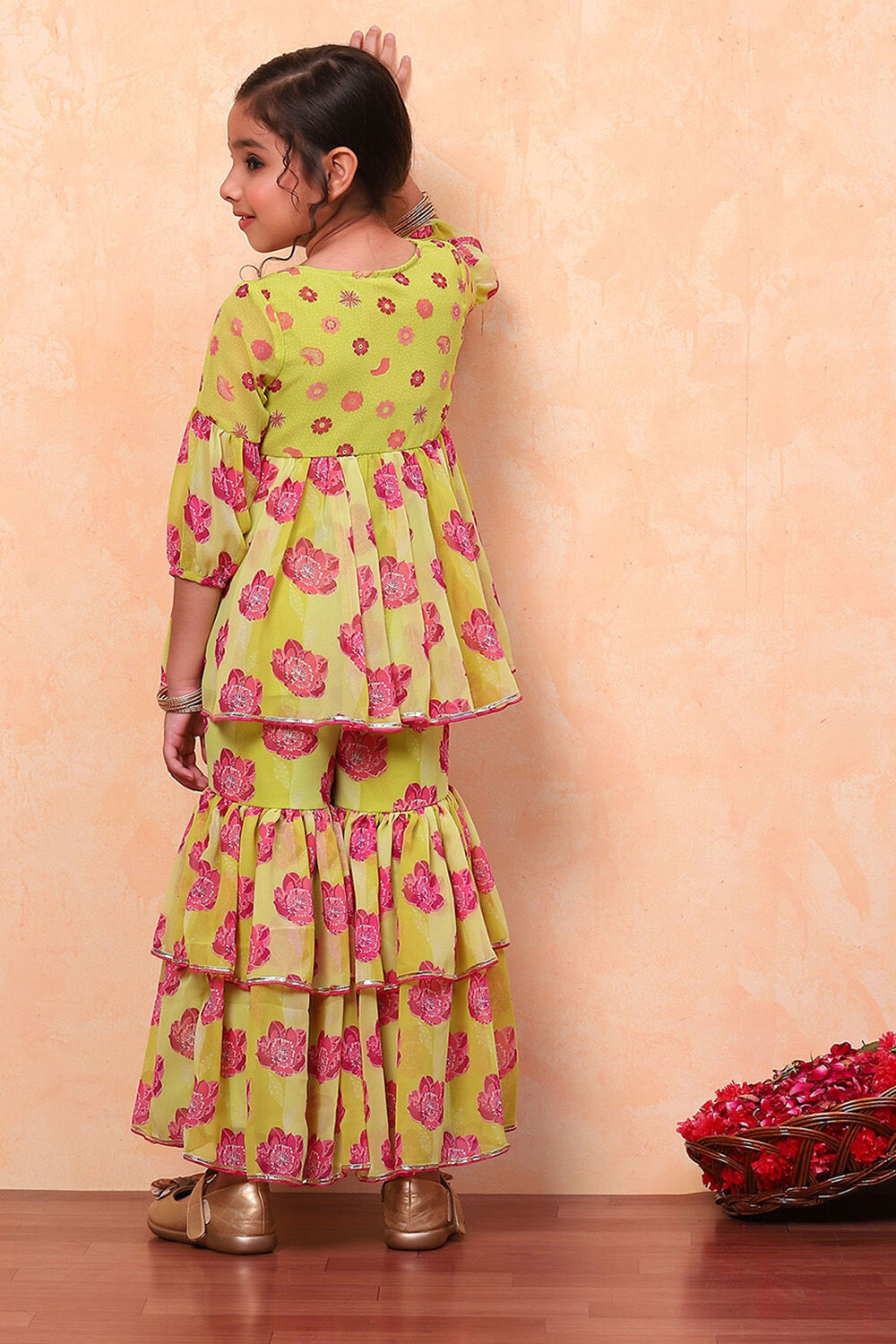 Lime Green Poly Georgette Floral Gathered Flared Suit Set image number 4