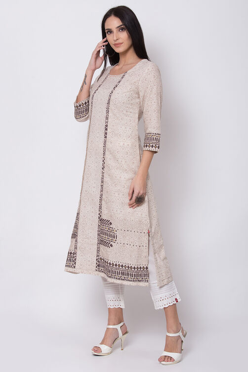 Sand Brown Cotton Flax A-Line Printed Kurta image number 2