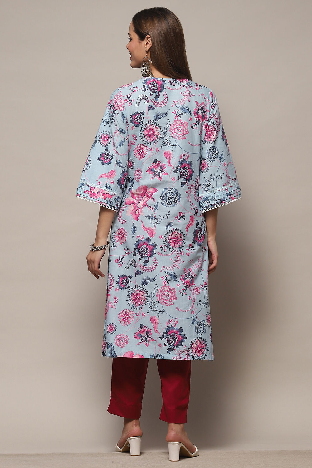 Yellow Cotton Floral Printed Straight Kurta image number 3