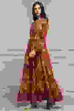 Rust Floral Printed Tiered Flared Dress image number 2