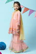 Peach Nylon Gathered Embroidered Kurta Garara Suit Set image number 5