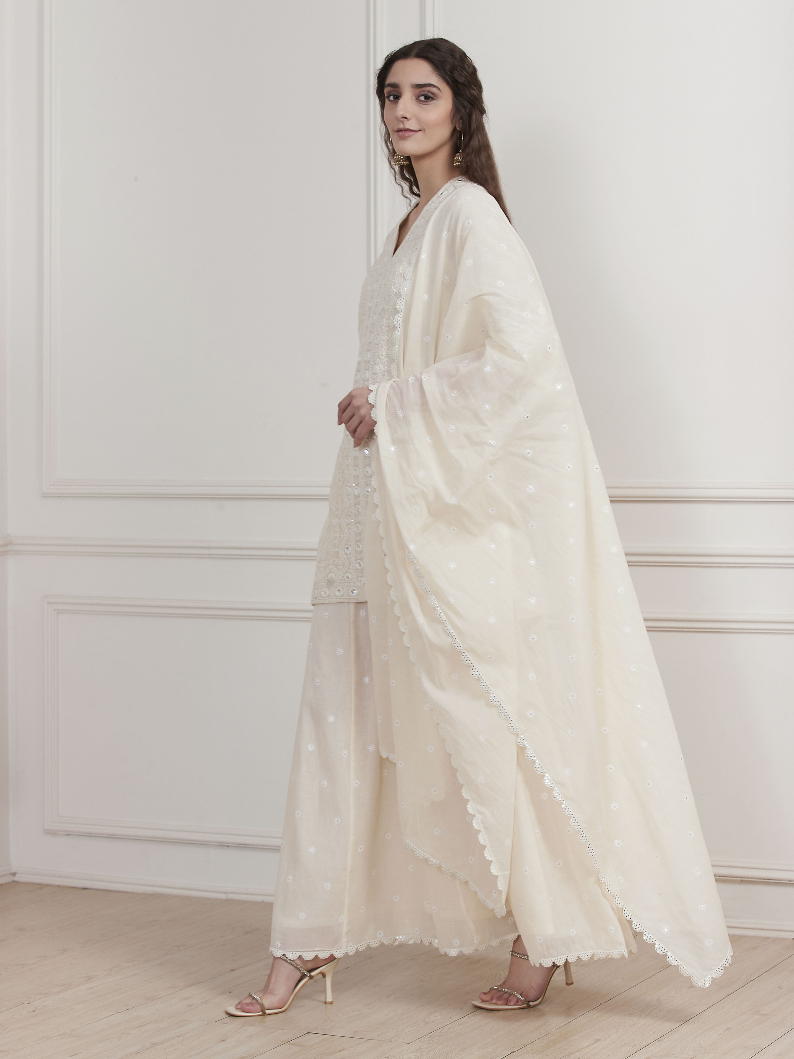 Ecru Cotton Embroidered Straight Sharara Suit Set image number 3