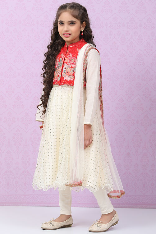 Red & White Art Silk Straight Kurta Churidar Suit Set image number 6