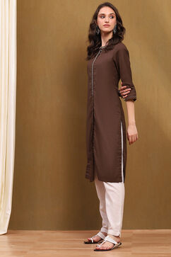 Brown Cotton Blend Solid Regular Fit Straight Kurta image number 2