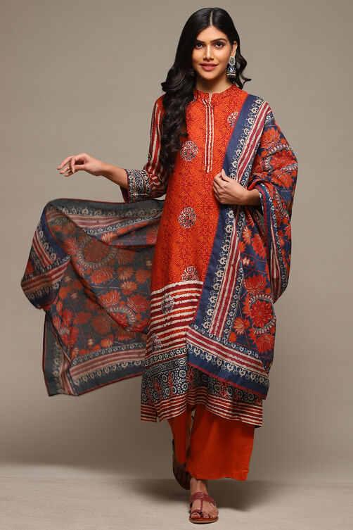 Rust & Indigo Rayon Straight Kurta Palazzo Suit Set image number 0