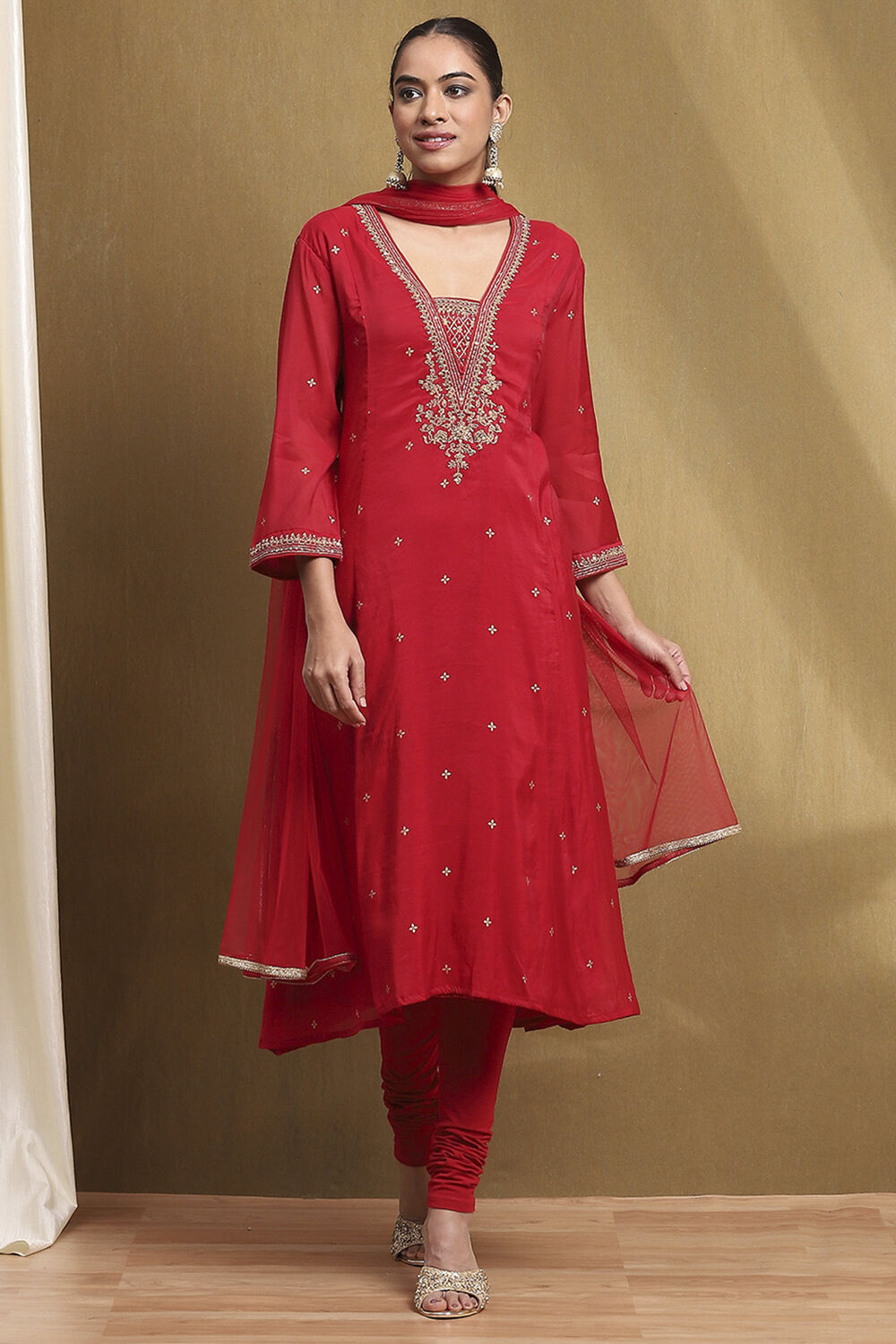 Red Embroidered Festive Kalidar Suit Set image number 6