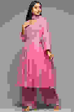Pink Cotton Gathered Kurta Palazzo Suit Set image number 7