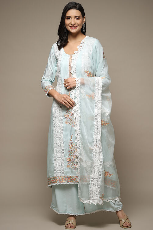 Light Blue Muslin Lace Unstitched Suit Set image number 8
