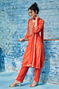 Brick Red Polyester Straight Suit Set image number 4
