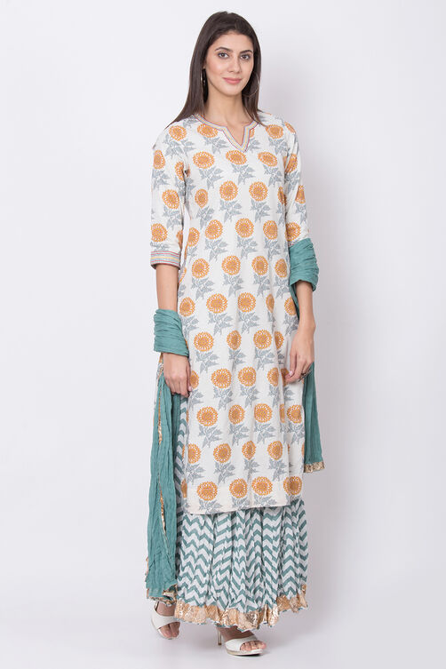 Teal And Off White Cotton Straight Kurta Skirt Suit Set image number 3