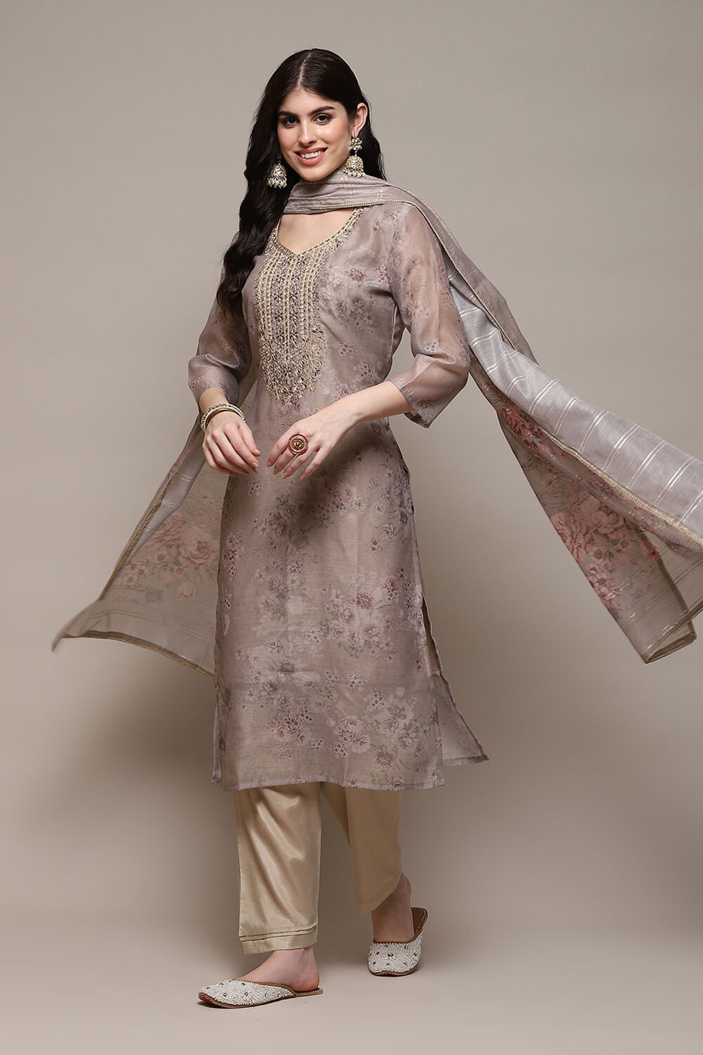 Beige Chanderi Blend Machine Embroidered Unstitched Suit Set image number 1