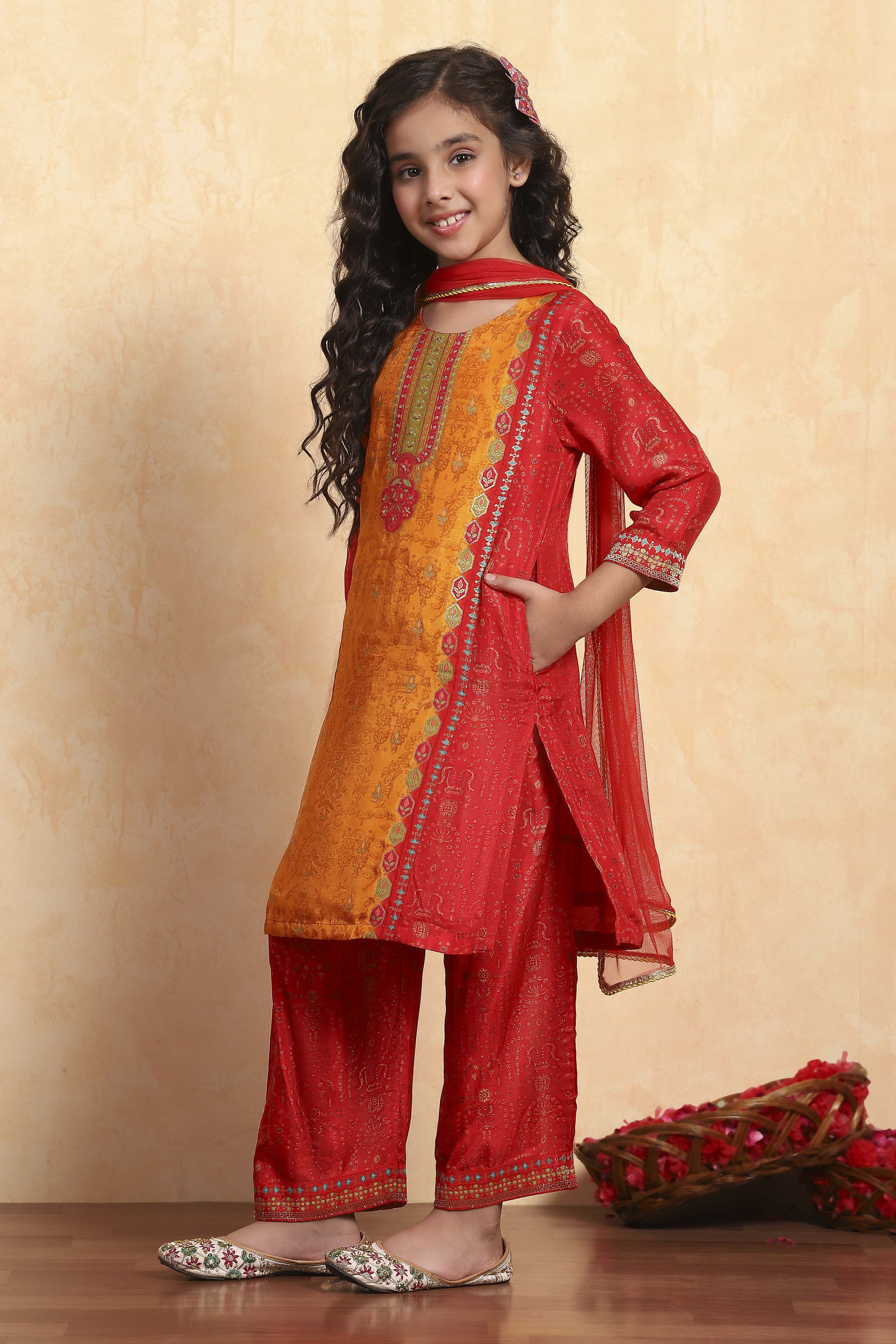 Mustard Yellow and Red Printed Straight Suit Set image number 7