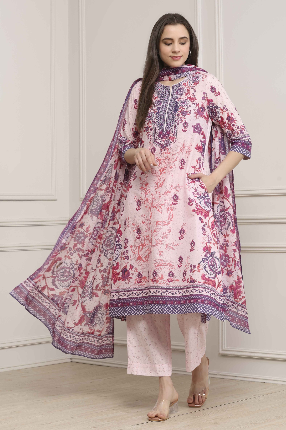 Pink Cotton Floral Printed Straight Suit Set