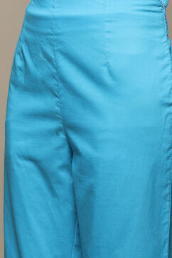 Electric Blue Cotton Blend Straight Kurta Pants Suit Set image number 2