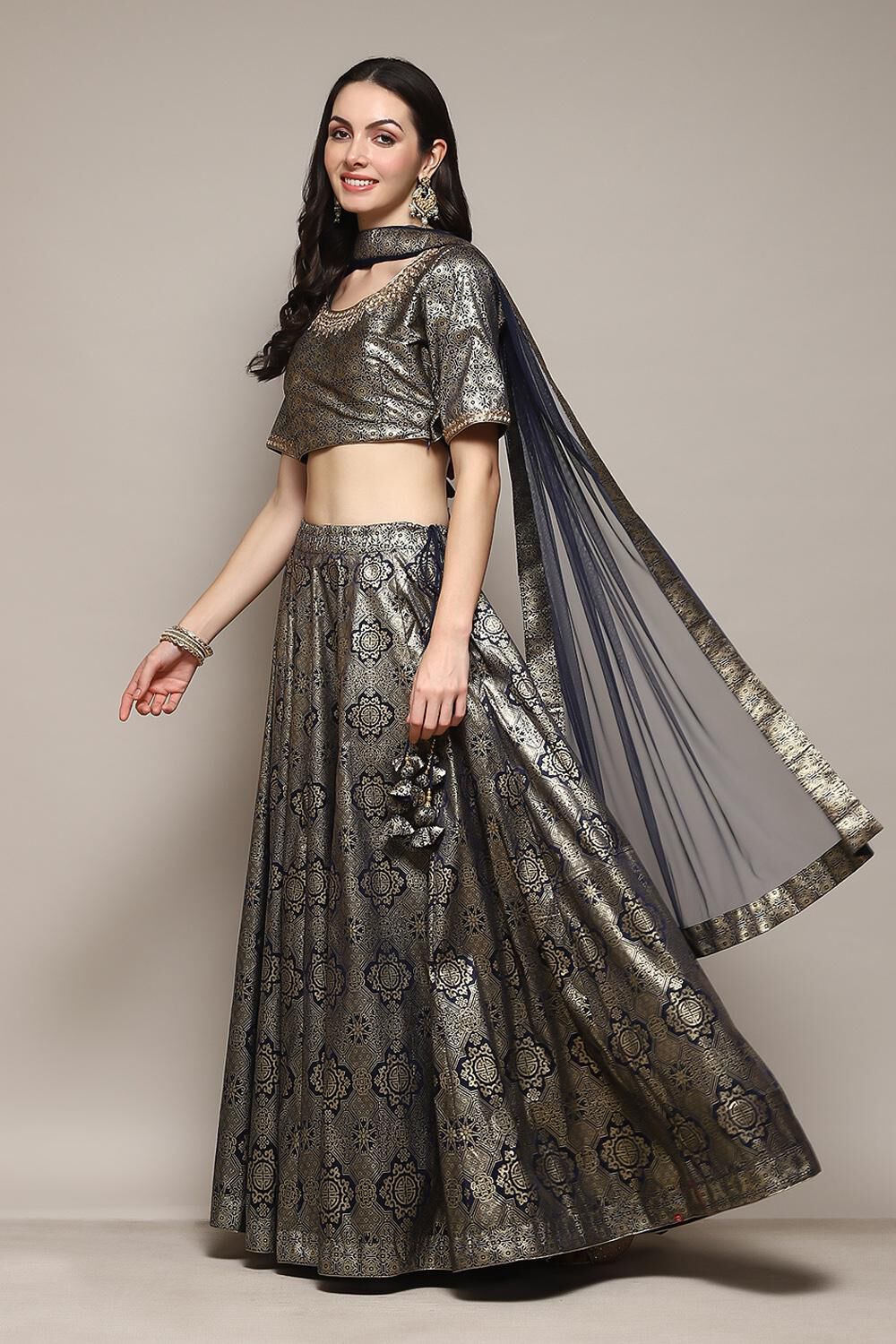 Navy Blue Foil Printed Lehenga Set image number 5