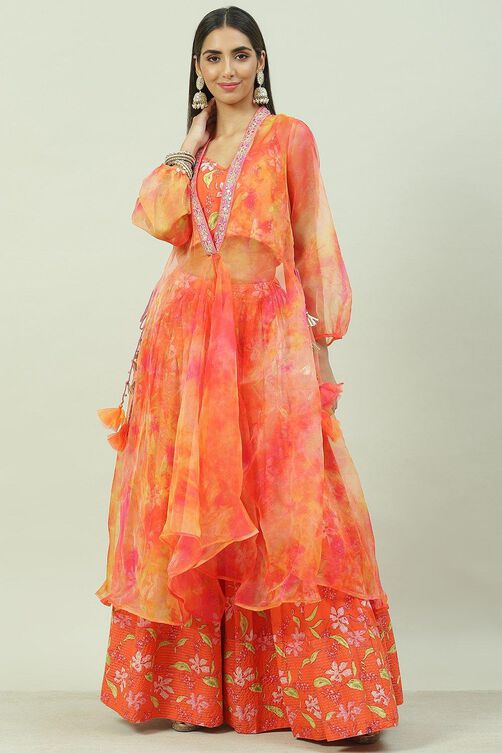 Orange Art Silk Cape Lehenga Set image number 0