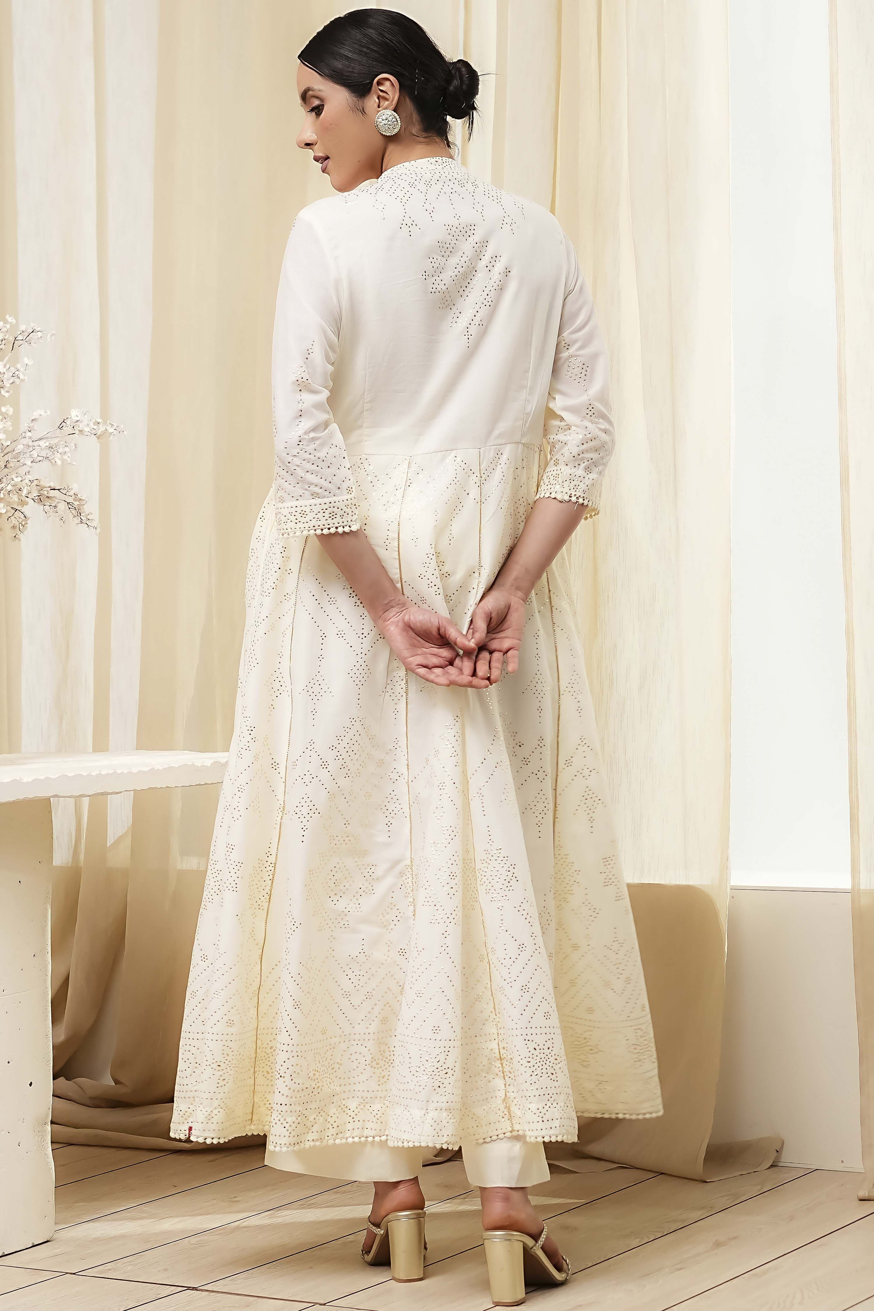 Off-White Cotton Embellished Anarkali Suit Set image number 4