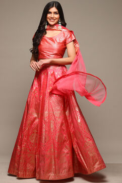 Coral Pink Cotton Blend Lehenga Set image number 7