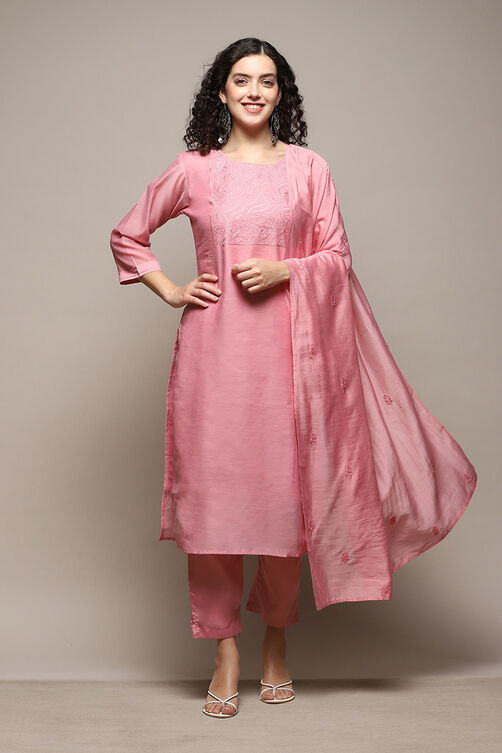 Pink Silk Blend Unstitched Suit Set image number 8