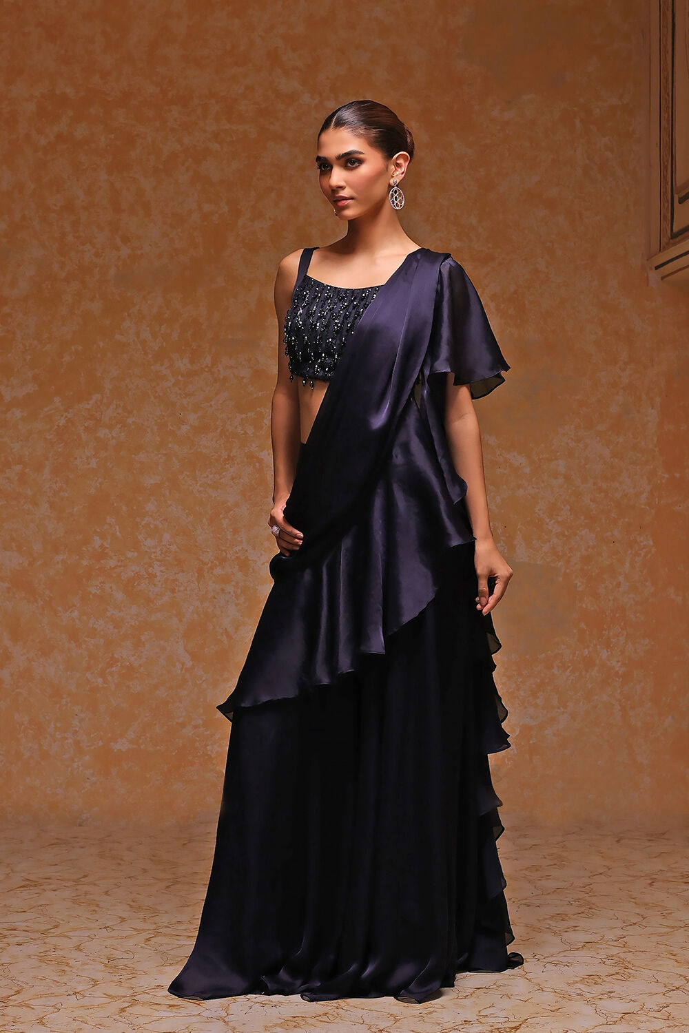 Navy Blue Poly Satin Embroidered Pre-Draped Saree image number 2