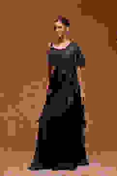 Navy Blue Poly Satin Embroidered Pre-Draped Saree image number 2