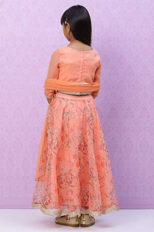 Peach Straight Poly Cotton Girls Lehenga Set image number 5