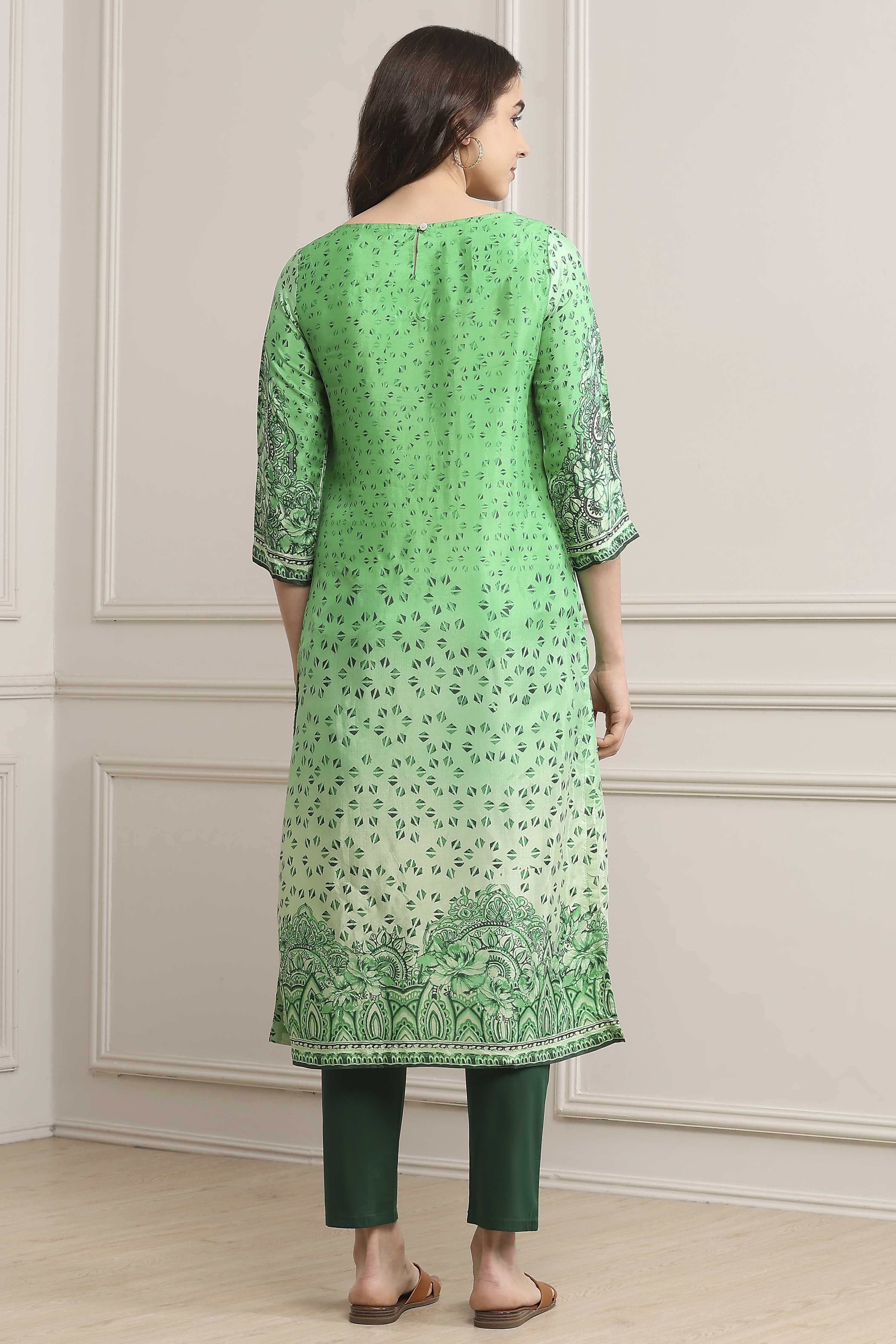 Green LIVA Straight Printed Kurta image number 3