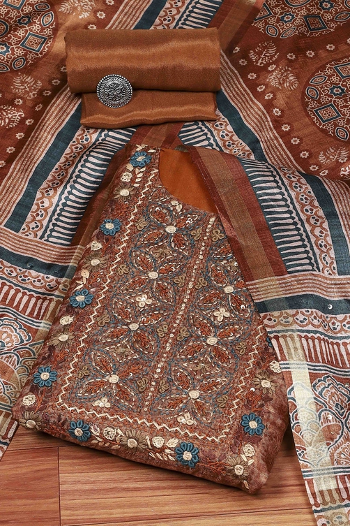 Mustard Silk Tussar Hand Embroidered Unstitched Suit Set image number 0