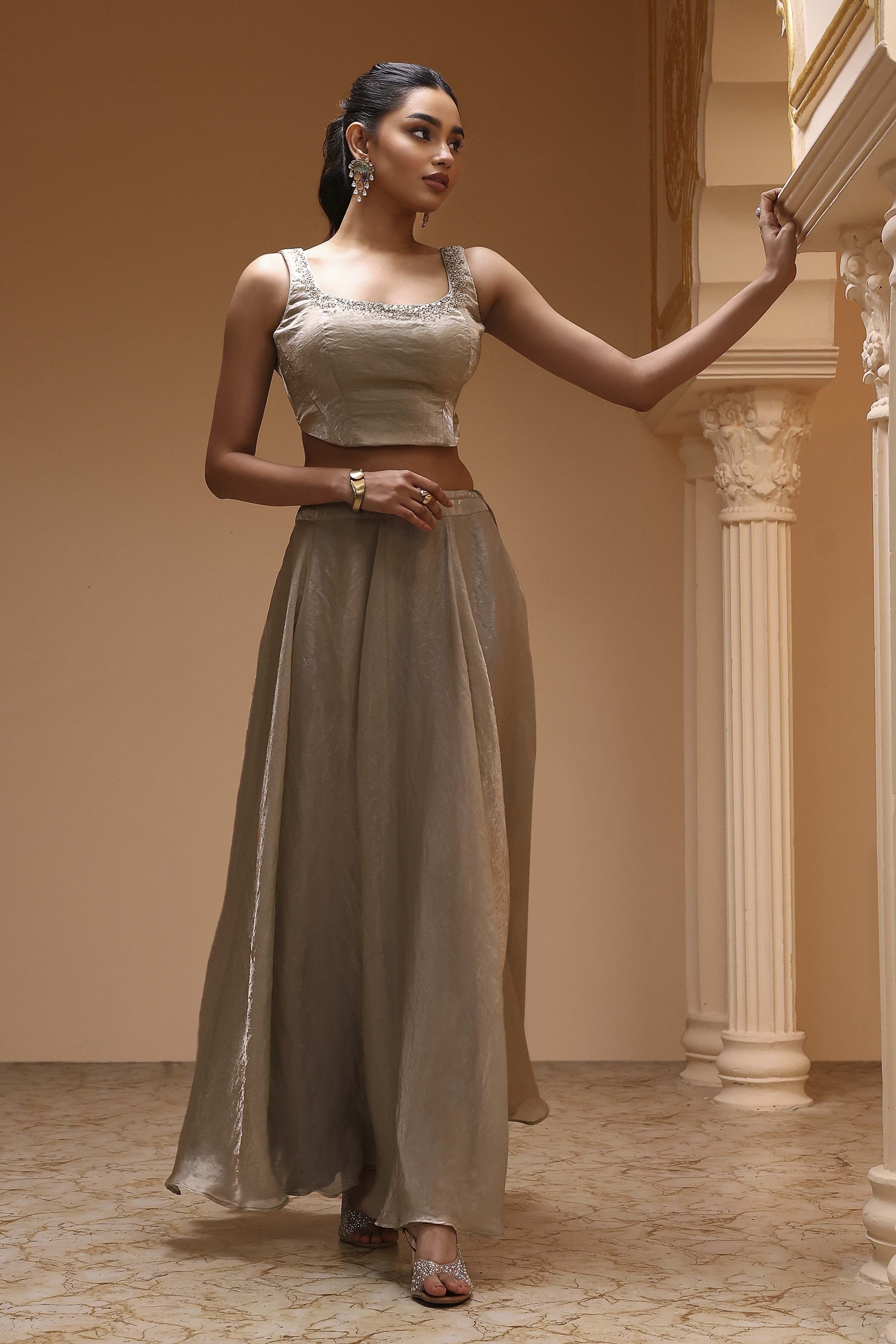 Grey Polyester Floral Embroidered Lehenga Set image number 6