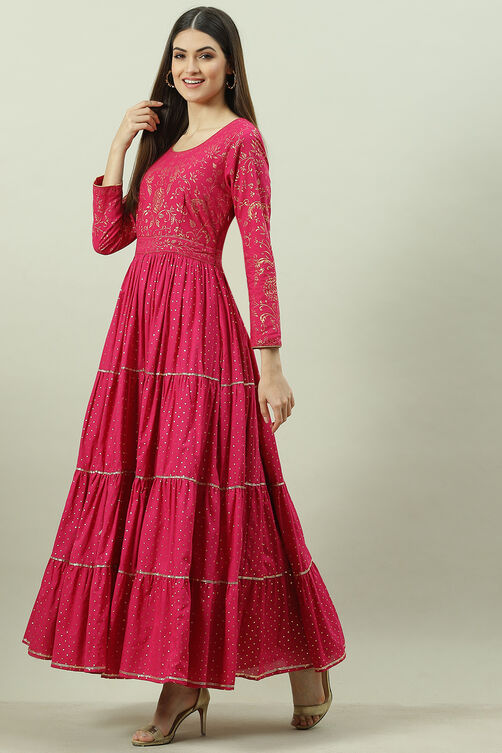 Pink Cotton Flared Printed Dress image number 0