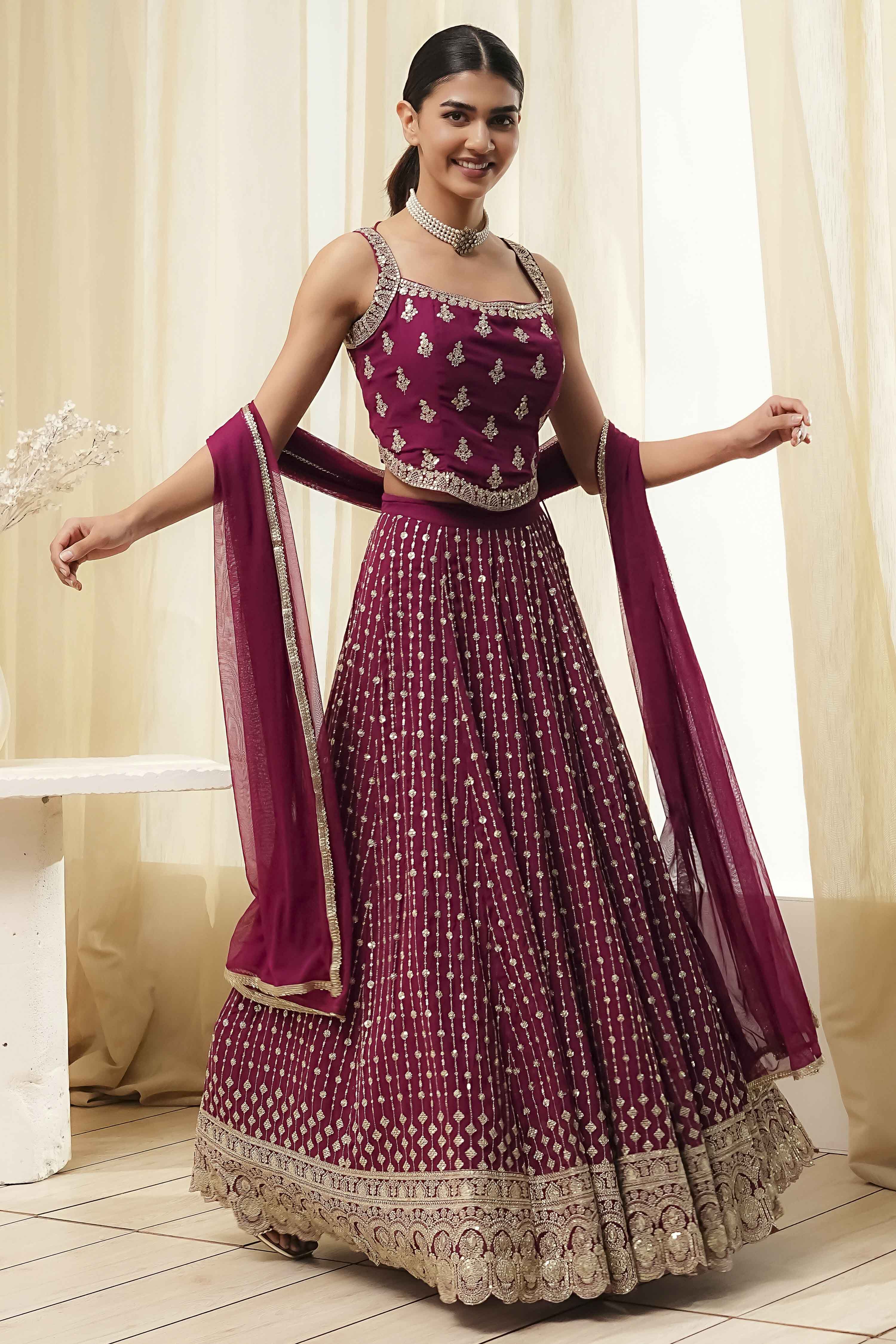 Burgundy Georgette Lehenga Set  image number 5