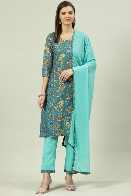 Blue Printed Straight Kurta Regular Pants Suit Set image number 7