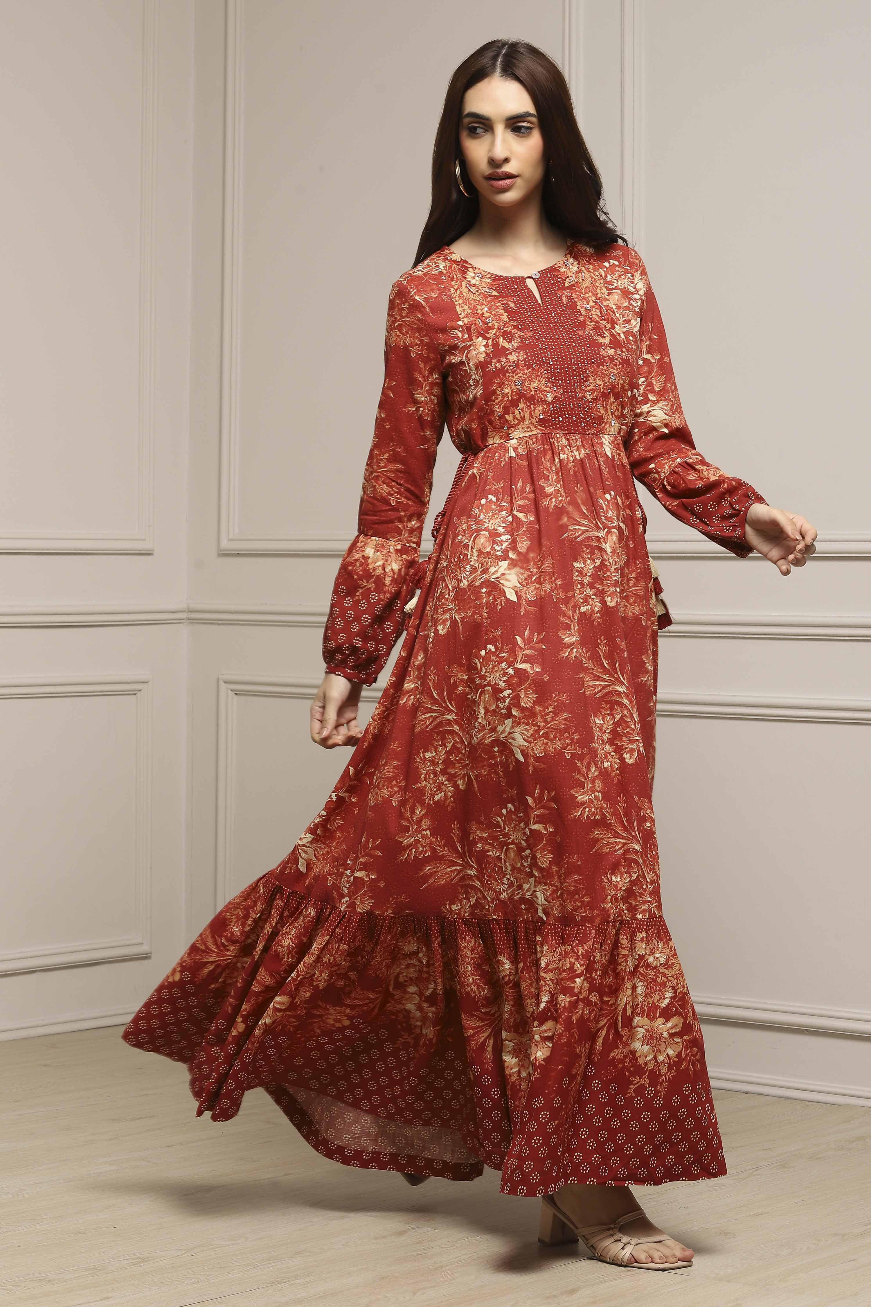 Rust Floral Printed Tiered Flared Dress image number 4
