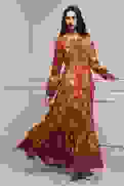 Rust Floral Printed Tiered Flared Dress image number 4
