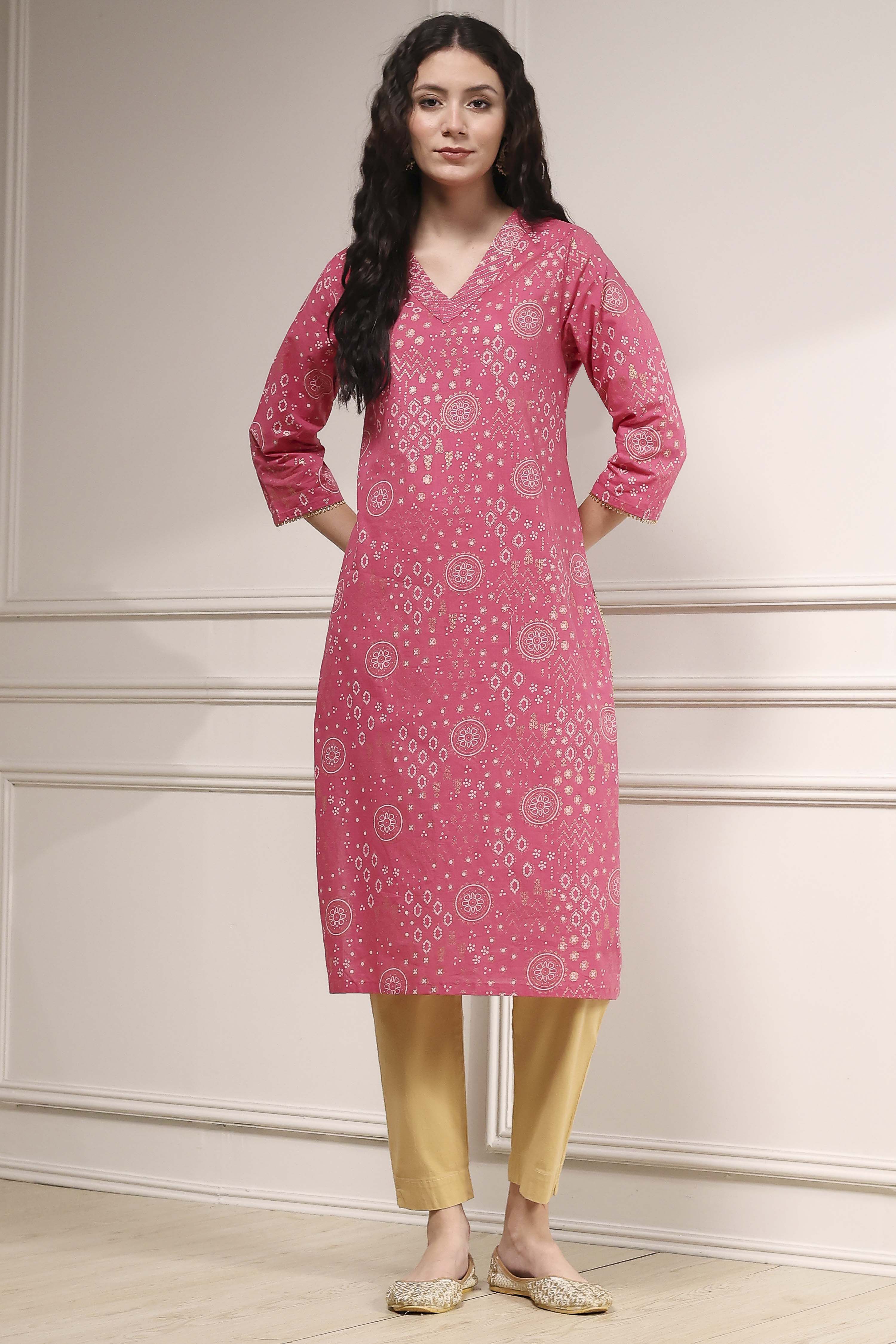 Pink Cotton Printed Straight Kurta image number 4