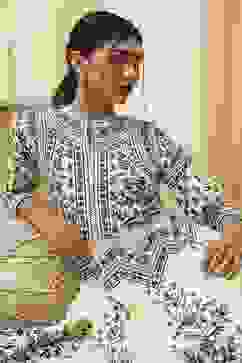 White and Black Cotton Printed Anarkali Kurta Set image number 1