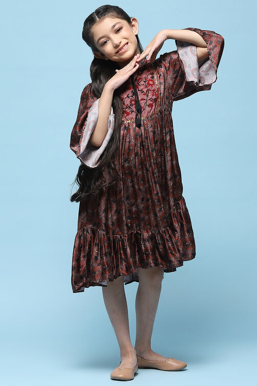 Brown Viscose Satin Tiered Printed Dress image number 5