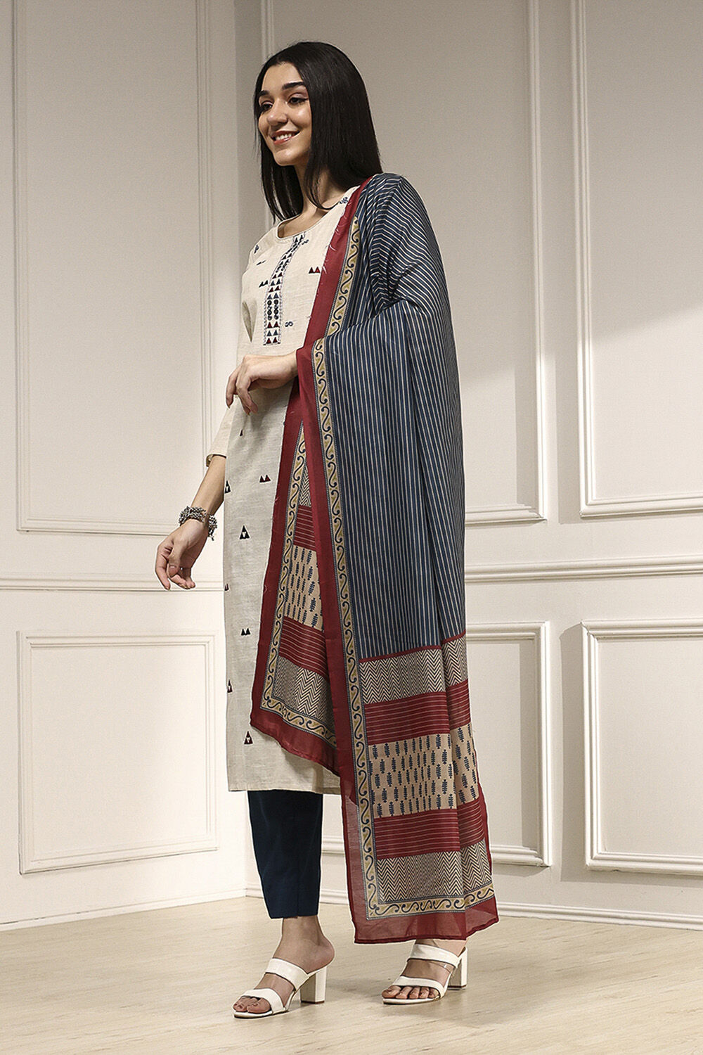 Beige Cotton Handloom Unstitched Suit Set image number 4