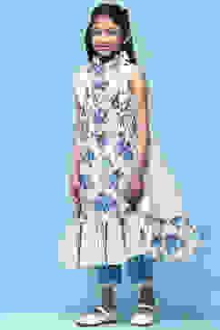 White & Blue Printed Cotton Tiered Kurta With Pants & Scarf image number 4