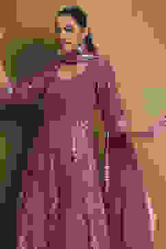 Plum Cotton Printed Anarkali Suit Set image number 8