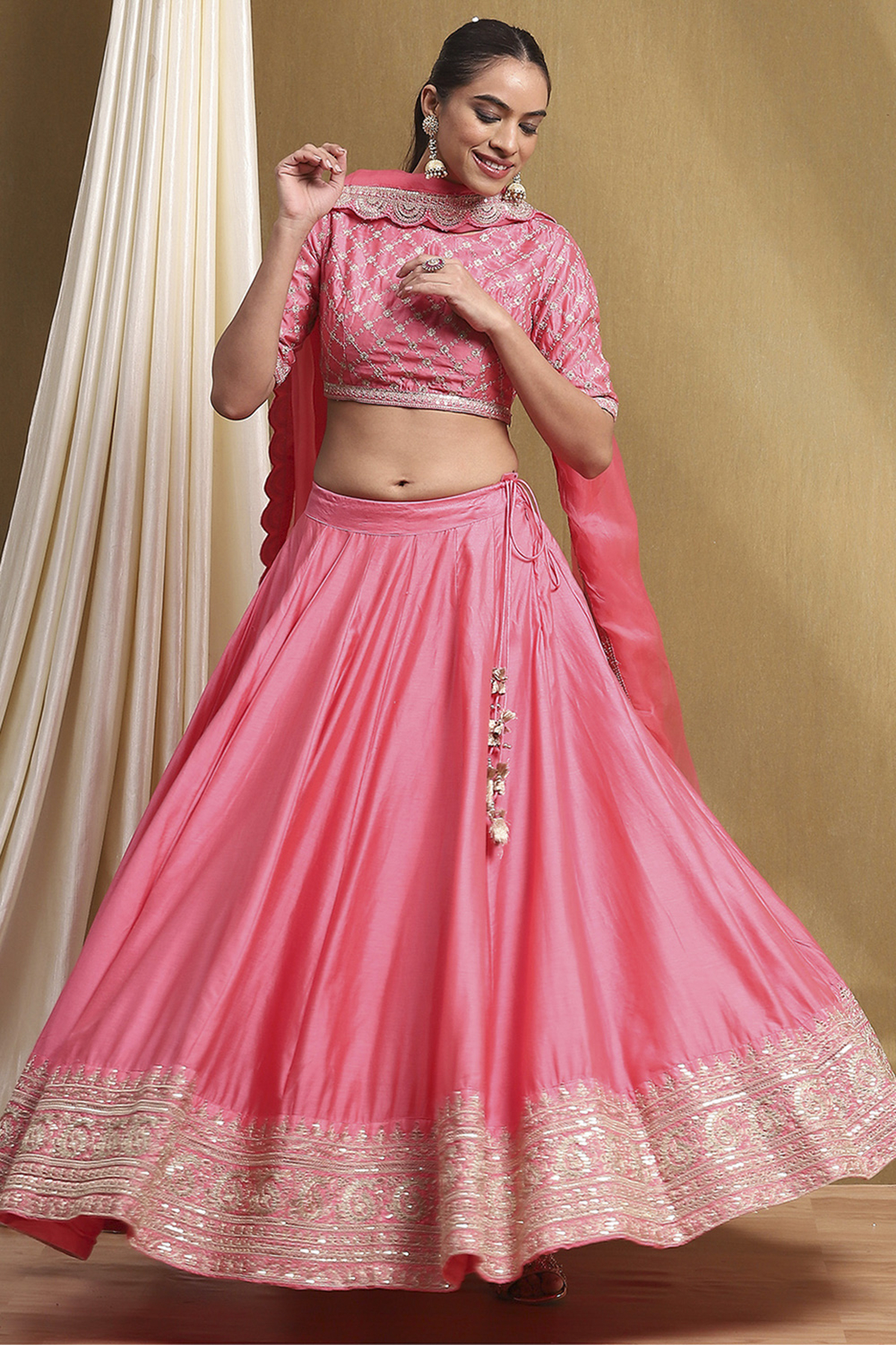 Coral Cotton Blend Embroidered Lehenga Set