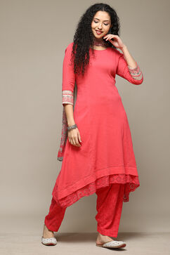 Romantic Pink Cotton A-Line Kurta Palazzo Suit Set image number 7