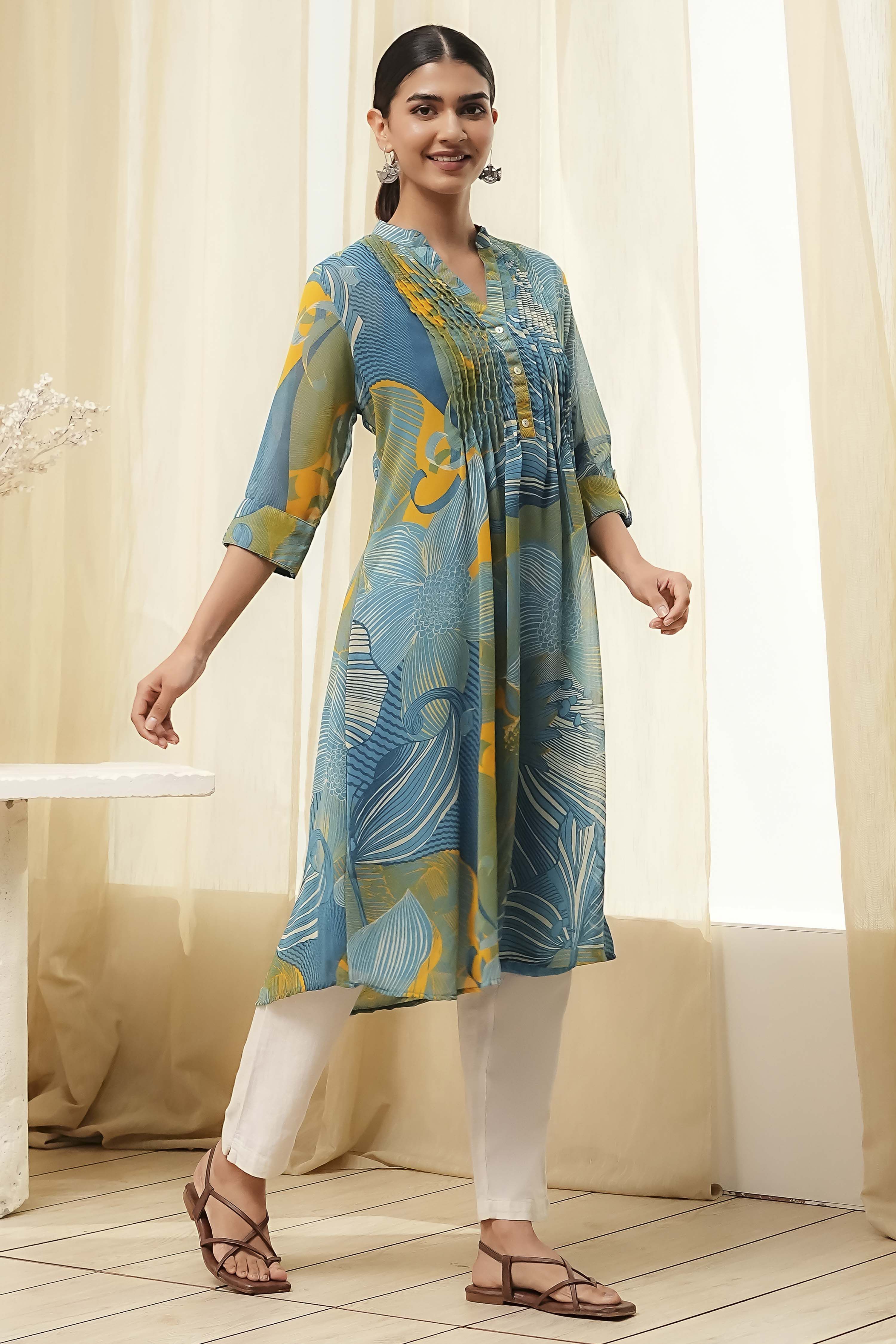 Blue Printed Pleated A-Line Kurta image number 4