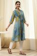 Blue Printed Pleated A-Line Kurta image number 4