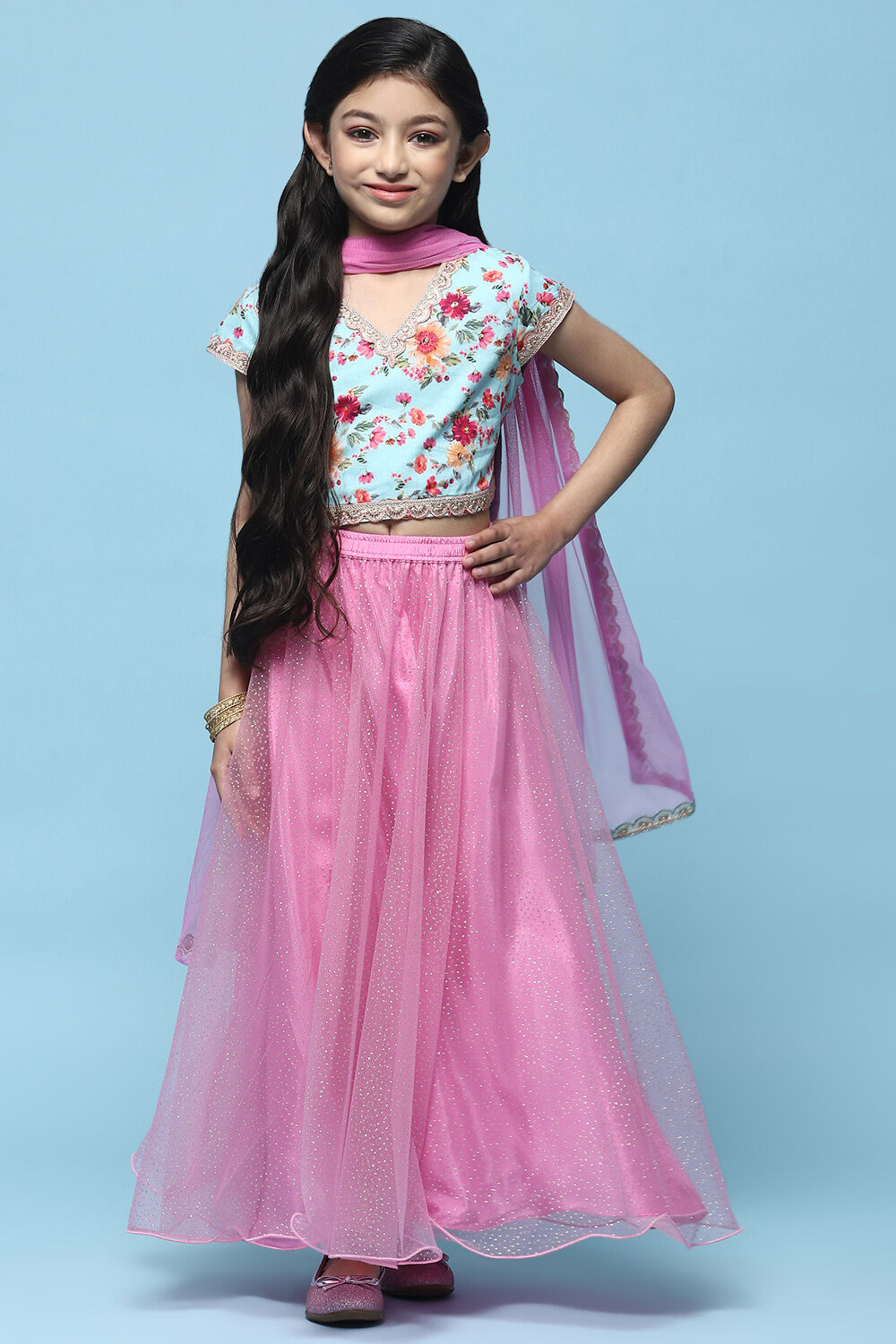 Blue Cotton Printed Blouse With Net Lehenga & Net Dupatta image number 7